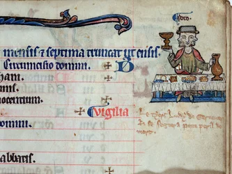 A three-headed man drinking, illustration for January in the calendar of a psalter
